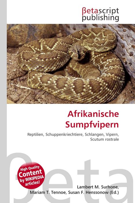 "Afrikanische Sumpfvipern", darunter eine gelb-braune Schlange in einer sandigen Umgebung. Oben ein Verlagslogo.