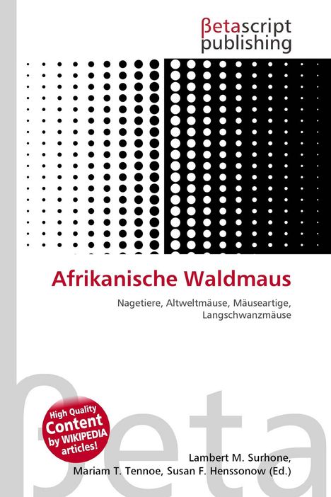 "Afrikanische Waldmaus", Fachbegriffe darunter. Logo von Betascript Publishing oben. Punktemuster in Schwarz-Weiß.
