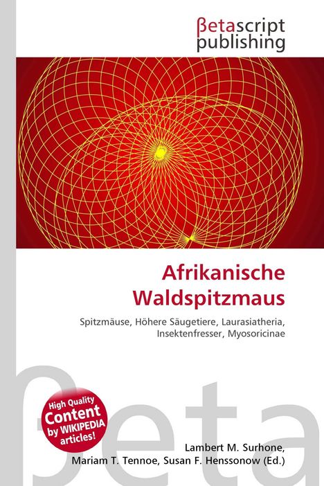"Afrikanische Waldspitzmaus" in Rot. Gelbes Netz auf rotem Hintergrund. Betascript Publishing Logo oben.