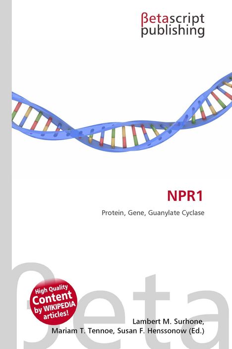 „NPR1: Protein, Gene, Guanylate Cyclase“. Illustration einer DNA-Helix. Oben Logo „Betascript Publishing“.