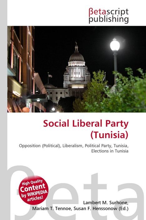 "Social Liberal Party (Tunisia)", Details zu Politik und Wahlen. Oben ein Verlag-Logo, im Hintergrund ein beleuchtetes Gebäude bei Nacht.