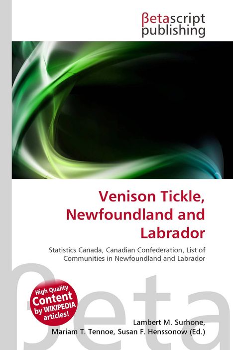 “Venison Tickle, Newfoundland and Labrador” in rotem Schriftzug. Logo von Betascript Publishing und abstrakte grüne Grafik.