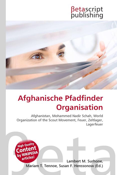 "Afghanische Pfadfinder Organisation" in Rot. Augen schauen durch Jalousien. Oben "Betascript Publishing" Logo.
