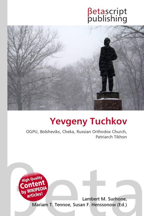 Yevgeny Tuchkov. Silhouette einer Statue vor schneebedeckten Bäumen. "Betascript Publishing" Logo oben.