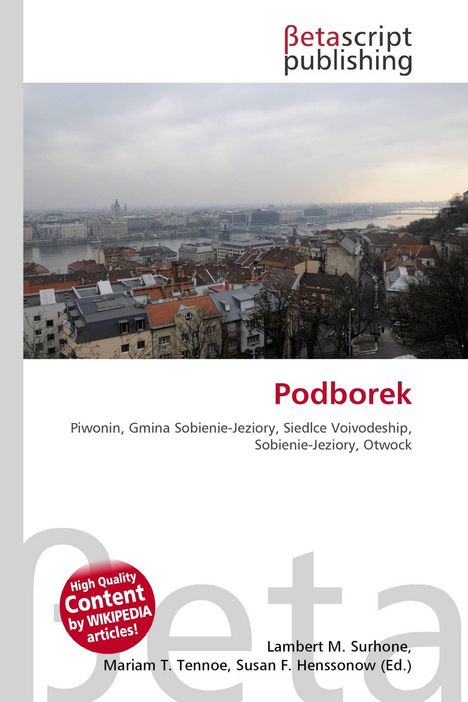 Text: Podborek, Piwonin, Siedlce Voivodeship. Stadtpanorama mit Fluss im Hintergrund.