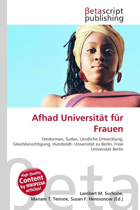 Betascript Publishing über Afhad Universität für Frauen in Omdurman. Nahaufnahme einer Frau mit Kopftuch und Ohrringen.