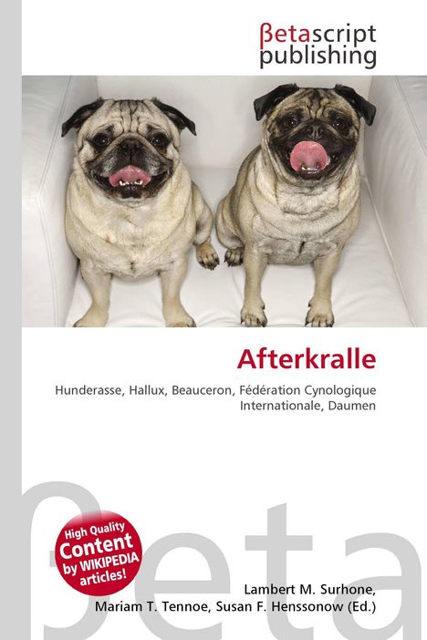 "Betascript Publishing" und "Afterkralle" oben, zwei lachende Möpse auf einem weißen Sofa.