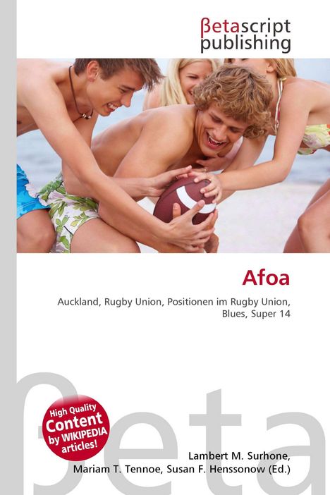"Afoa" steht groß geschrieben. Menschen am Strand spielen mit einem Rugbyball. Logos und weitere Texte umrahmen das Bild.