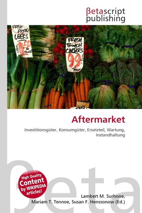 "Fresh Picked Leeks" und "Fresh Bunch Carrots". Gemüse in einem Marktstand, das Buch „Aftermarket“ mit Autorenname.