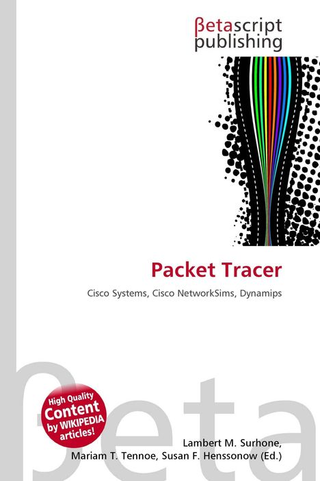 "Packet Tracer" in Rot, darunter "Cisco Systems, Cisco NetworkSims, Dynamips." Links oben "Betascript publishing". Rechts bunte Linien.