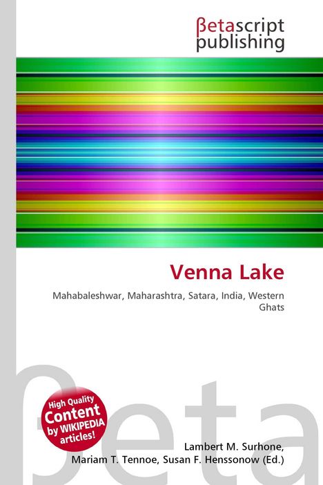 "Betascript Publishing" oben, "Venna Lake" fett gedruckt, darunter "Mahabaleshwar, Maharashtra, Satara, India, Western Ghats". Bunte Streifen.