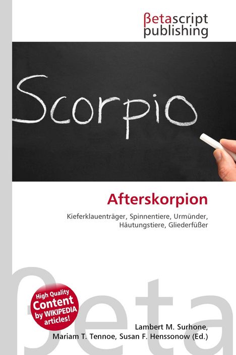 „Scorpio“ mit Kreide auf Tafel, „Afterskorpion“ darunter. Hand hält Kreide. Oben „Betascript Publishing“ Logo.