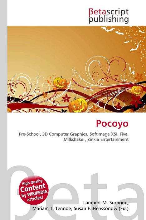 "Pocoyo" steht groß auf weißem Hintergrund. Ornamente und Kürbisse schmücken den oberen Teil mit einem braunen Farbverlauf.