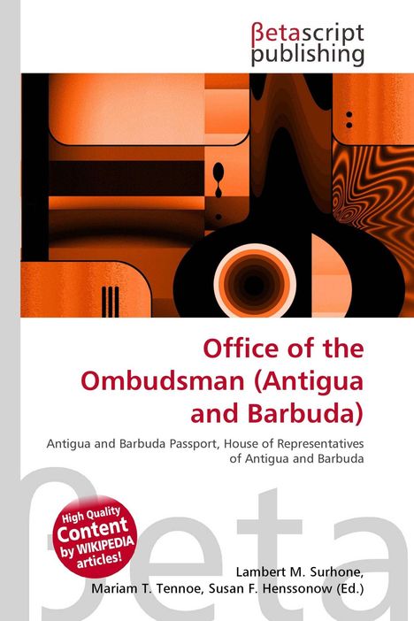 „Office of the Ombudsman (Antigua and Barbuda)“, roter Text. Abstrakte, geometrische Kunst in Orange und Schwarz.