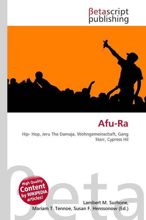 „Afu-Ra“ in roter Schrift, Silhouette eines Sängers mit Mikrofon vor orangenem Hintergrund, Betascript Publishing Logo.