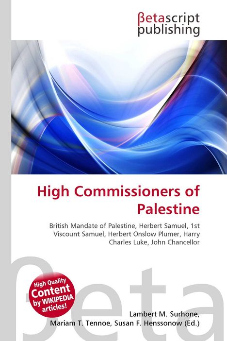 "High Commissioners of Palestine" plus britische Namen. Abstrakte blaue, weiße Illustration oben.