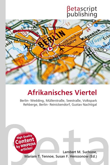 Afrikanisches Viertel, Berlin. Karte von Berlin mit Betascript Publishing Logo und Wikipedia Hinweis.
