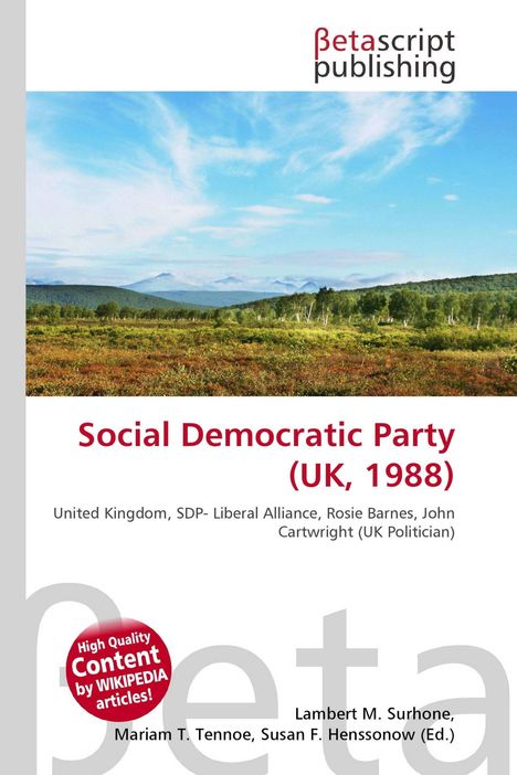 "Social Democratic Party (UK, 1988)" steht in Rot. Landschaftsfoto mit grüner Wiese und Bäumen, blauer Himmel oben.