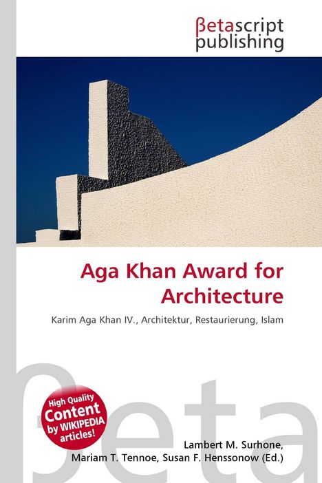 Das Bild zeigt das Logo "Betascript publishing", den Titel "Aga Khan Award for Architecture" und Architekturformen vor blauem Himmel.