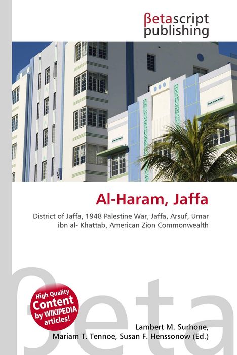 "Al-Haram, Jaffa" in roter Schrift, darunter Text über Jaffa. Gebäude im Hintergrund, modernes Design mit Palmen.