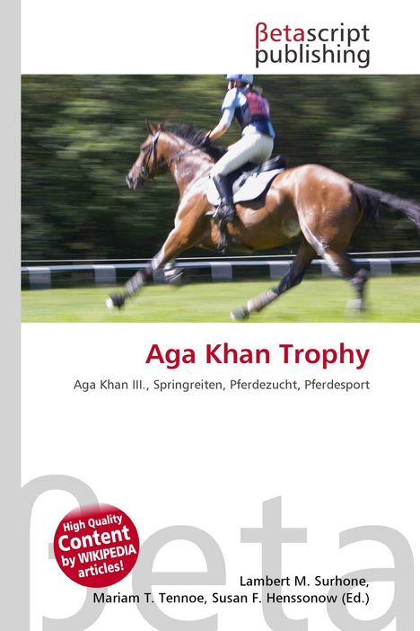 Logo von Betascript Publishing. Titel: "Aga Khan Trophy". Bild: Reiter in Bewegung auf braunem Pferd, unscharf vor grünem Hintergrund.