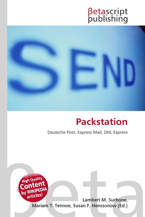 Text oben: "Betascript Publishing", Titel: "Packstation", unten: "Deutsche Post, Express Mail, DHL Express". Verschwommenes "SEND".