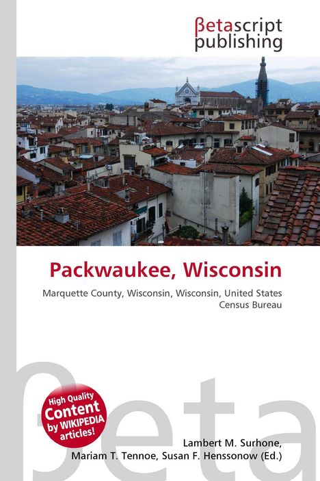 Oben "Betascript Publishing", Titel "Packwaukee, Wisconsin". Stadtbild mit roten Dächern und einer Kirche im Hintergrund.