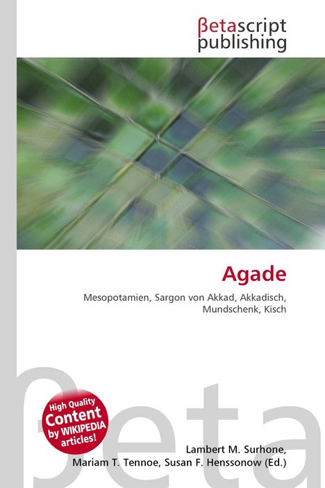 Logo von Betascript Publishing mit der Überschrift "Agade" und mehreren Namen darunter, inklusive Mesopotamien. Hintergrundbild in Grün.