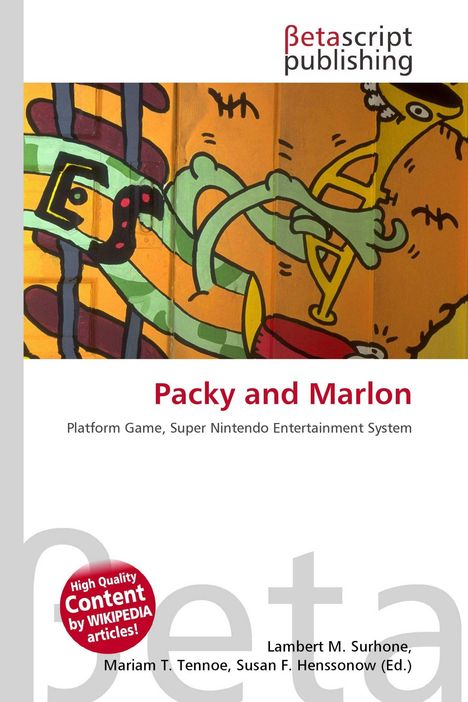 "Packy and Marlon: Platform Game, Super Nintendo Entertainment System." Illustration mit bunten abstrakten Formen.