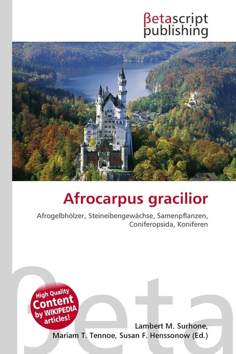 Afrocarpus gracilior; Afrogelenkbäume, Samenpflanzen; ein Schloss vor einem See und Waldlandschaft.