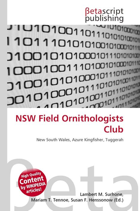 "NSW Field Ornithologists Club", "New South Wales, Azure Kingfisher, Tuggerah". Im Hintergrund Binärcode, oben "βetascript publishing".
