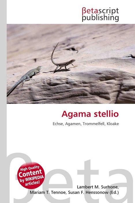 "Agama stellio" steht groß, darunter: Echse, Agamen, Trommelfell, Kloake. Zwei Eidechsen auf felsigem Untergrund.