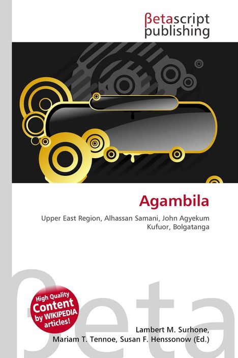 "Betascript publishing", "Agambila", farbige geometrische Formen und Kreise auf schwarzem Hintergrund, unterer Textabschnitt.