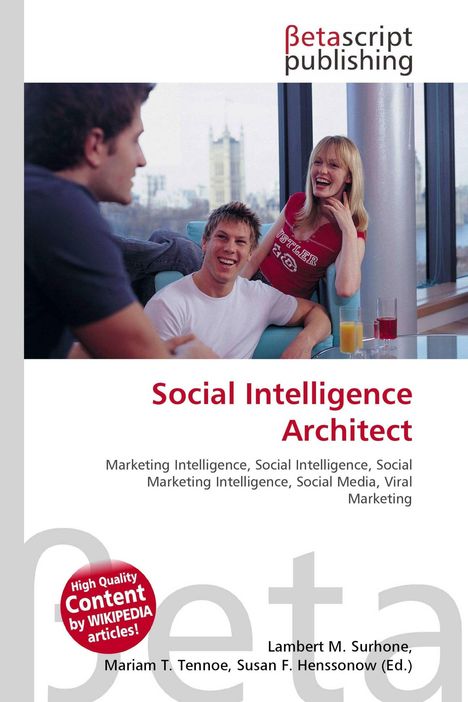"Social Intelligence Architect" Text in Rot. Drei Personen lachen vor einer Fensterseite, Logo „Betascript Publishing“.