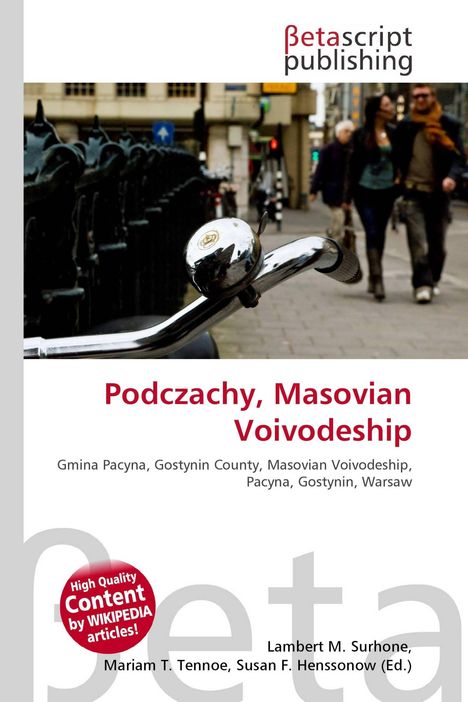 Text: "Podczachy, Masovian Voivodeship", "Gmina Pacyna, Gostynin County..." Oben links ein Logo, verschwommene Straßenszene.