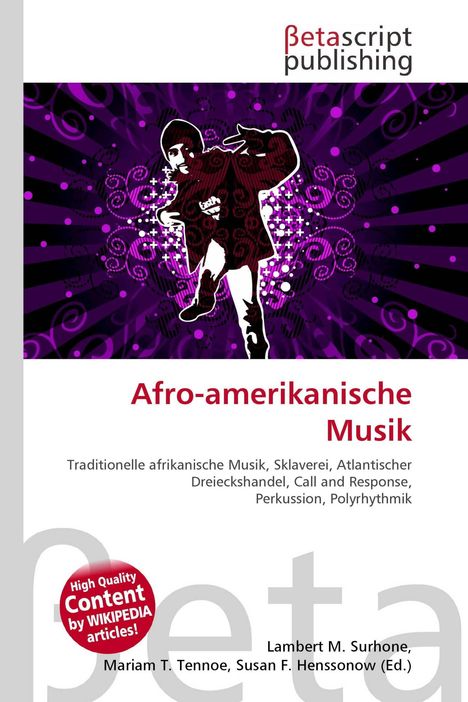Titel: Afro-amerikanische Musik. Themen: Traditionelle afrikanische Musik, Sklaverei, Perkussion. Tanzende Figur vor lila Muster.