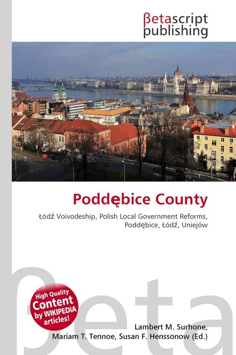 „Poddębice County“ und darunter „Łódź Voivodeship...“. Stadtansicht mit Fluss, roten Dächern und markanten Gebäuden.