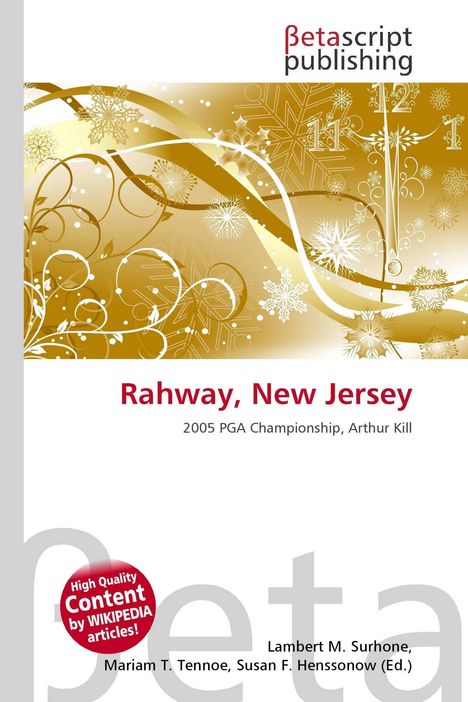 "Rahway, New Jersey" steht in roter Schrift. Goldene Ornamente mit Schneeflocken zieren einen weißen Hintergrund.