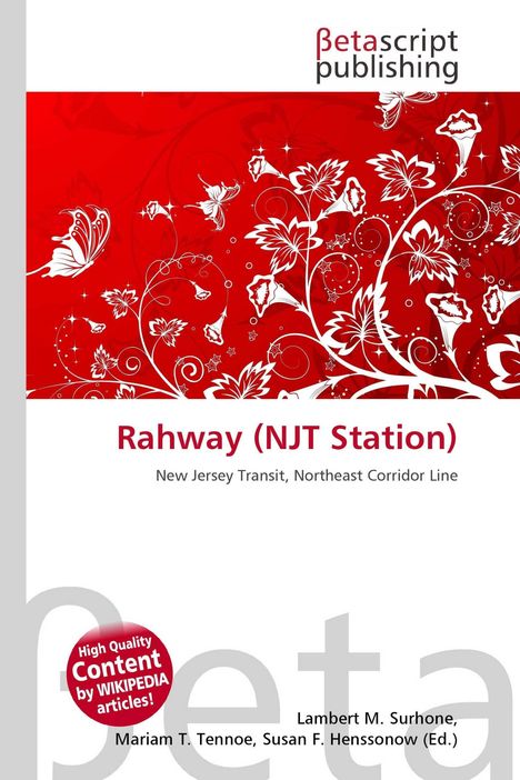 Text: "Rahway (NJT Station) New Jersey Transit, Northeast Corridor Line." Ein florales, rotes und weißes, dekoratives Design.