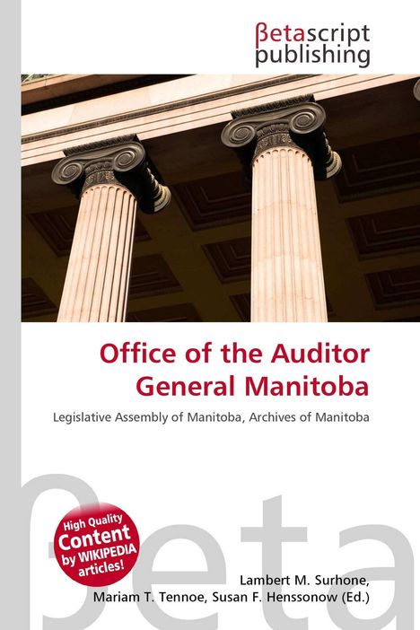 "Office of the Auditor General Manitoba" steht in Rot auf Weiß. Drei ionische Säulen tragen ein Gebälk darüber.