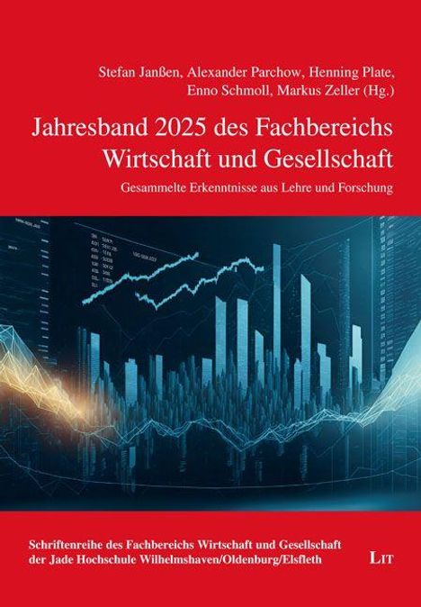 "Jahresband 2025 des Fachbereichs Wirtschaft und Gesellschaft. Diagramme und Stadtansicht in Blau- und Rottönen."
