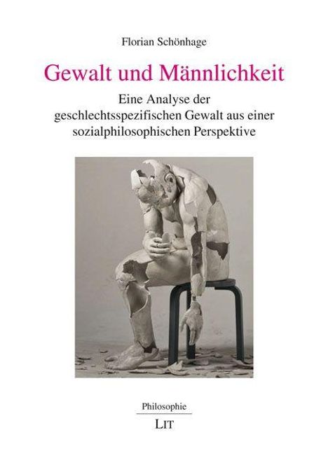 Titel: "Gewalt und Männlichkeit". Figur aus Puzzleteilen sitzt nachdenklich auf einem Stuhl.