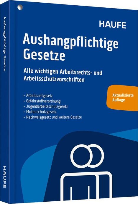 „Aushangpflichtige Gesetze: Alle wichtigen Arbeitsrechts- und Arbeitsschutzvorschriften.“ Blaues Cover, oranger Button.