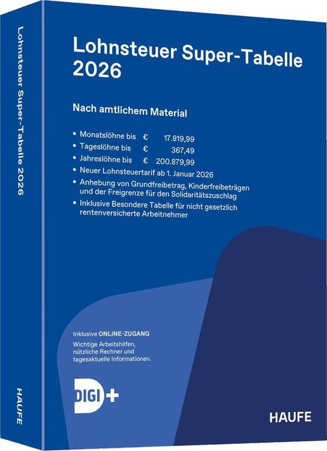 "Lohnsteuer Super-Tabelle 2026." Details zu Gehältern und Steueranpassungen. Zugang zu nützlichen Tools. Blaues Buchcover.