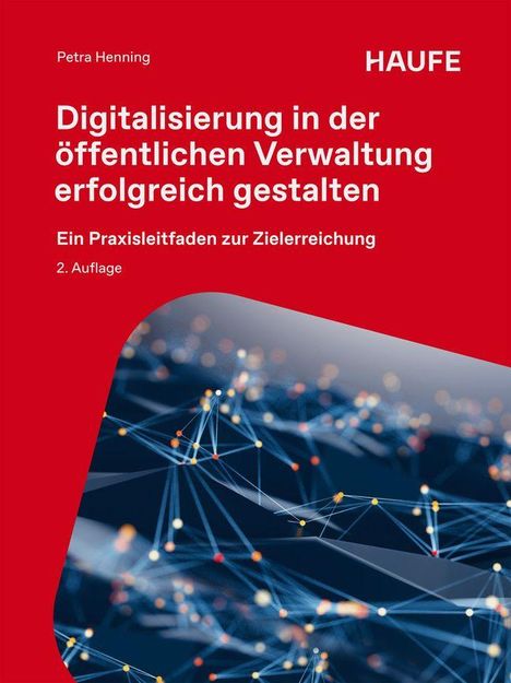 Roter Hintergrund, weißer Text: "Digitalisierung in der öffentlichen Verwaltung erfolgreich gestalten." Netzgrafiken unten.