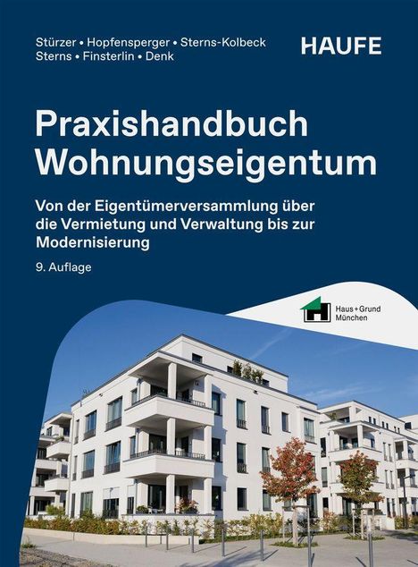 Titel: Praxishandbuch Wohnungseigentum. Bild: Modernes Wohngebäude mit Balkonen, Bäumen und blauem Himmel.