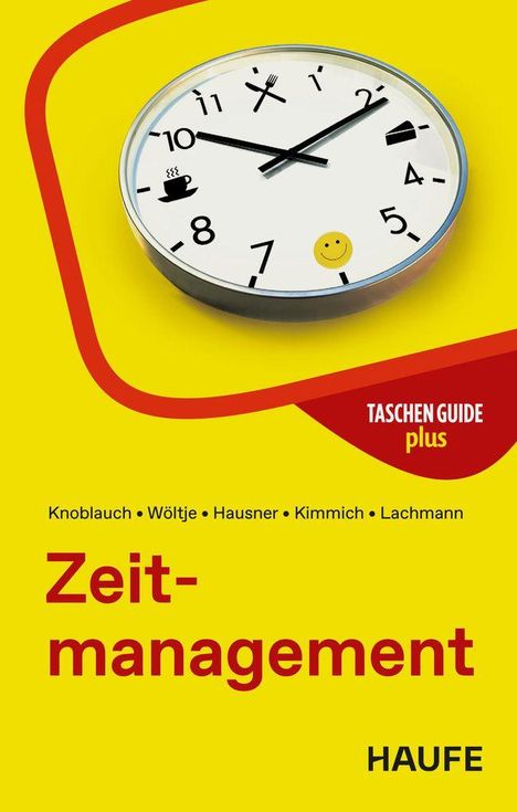 "Taschen Guide plus: Zeitmanagement" in rotem Text auf gelbem Hintergrund mit Uhr und Symbolen bei 12, 3, 6, 9.