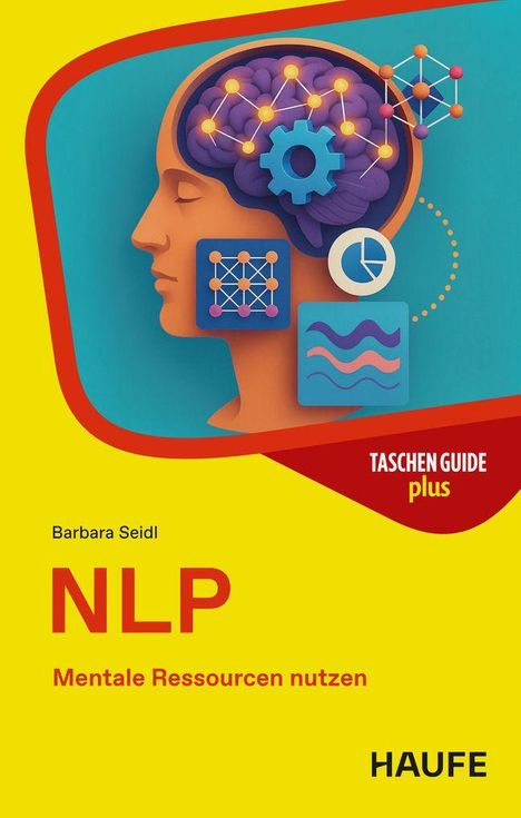 „Barbara Seidl: NLP – Mentale Ressourcen nutzen.“ Seitliches Kopfprofil mit Gehirn und Symbolen.