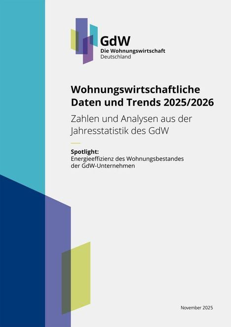 GdW-Logo, wohnungswirtschaftliche Daten 2025/2026, Energieeffizienz der GdW-Unternehmen, November 2025. Farbige Formen links.