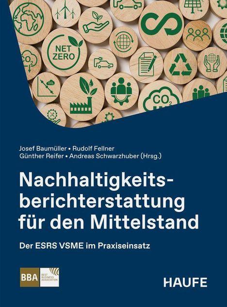Cover eines Buches: "Nachhaltigkeitsberichterstattung für den Mittelstand" mit Symbolen für Nachhaltigkeit auf Holz.